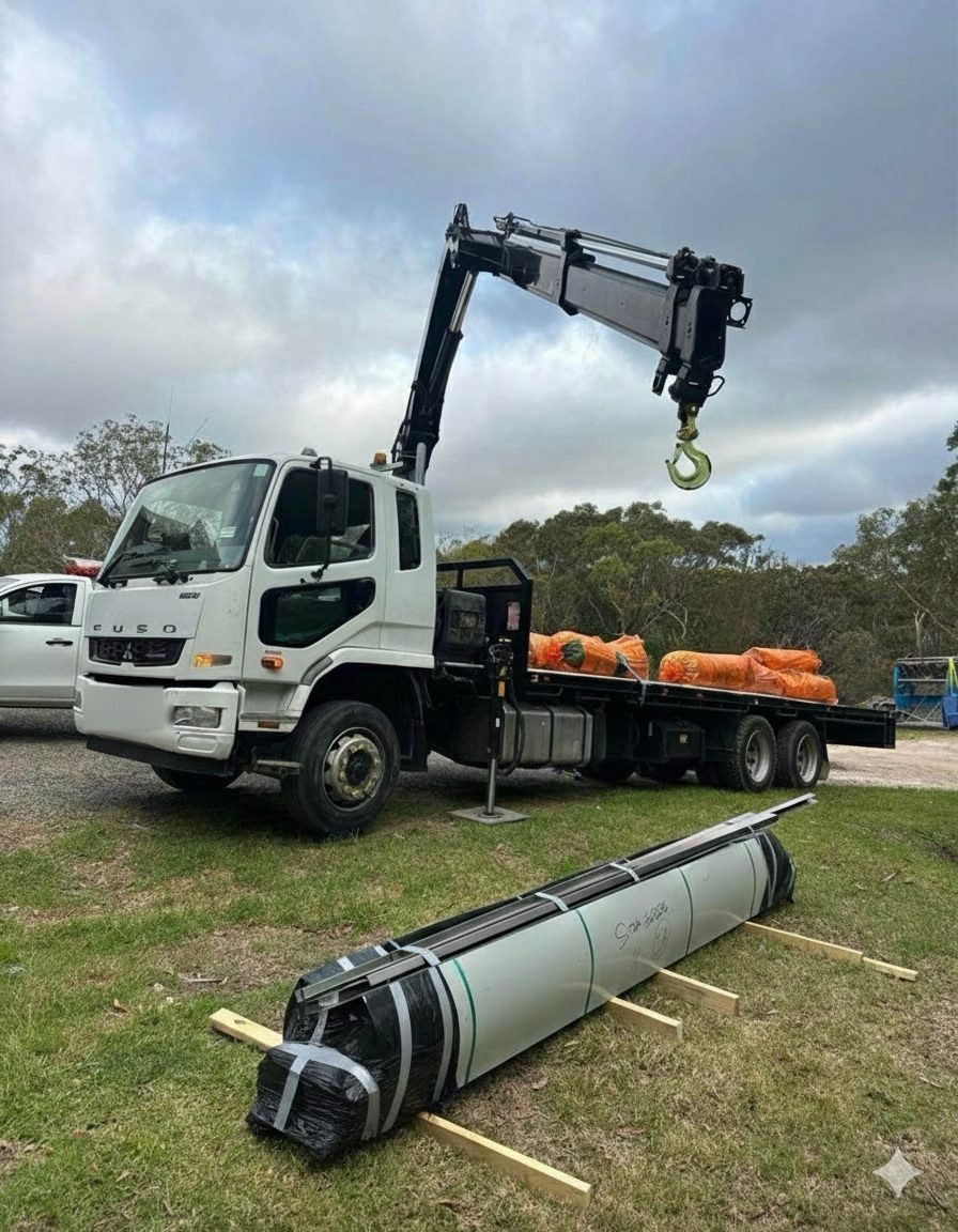 Crane truck with boom raised on site