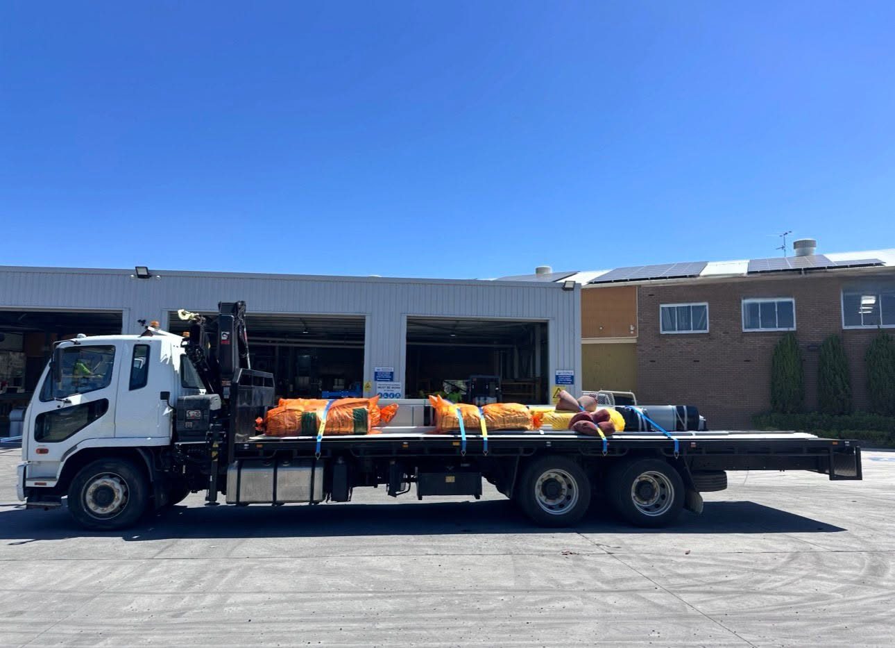 Crane truck loaded with materials